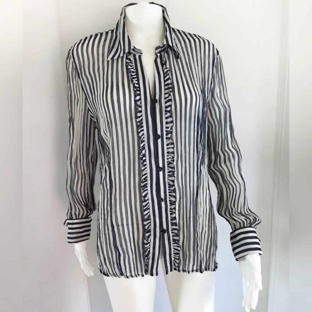 Apt. 9 Navy Blue|White Striped Semi-Sheer Ruffle Crinkle Button-down Shirt Sz L